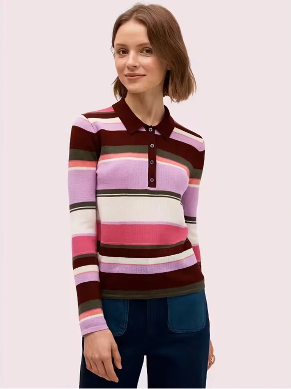 Kate Spade Fine Striped Polo Wool Sweater in Pink, Burgundy & White NWOT Small